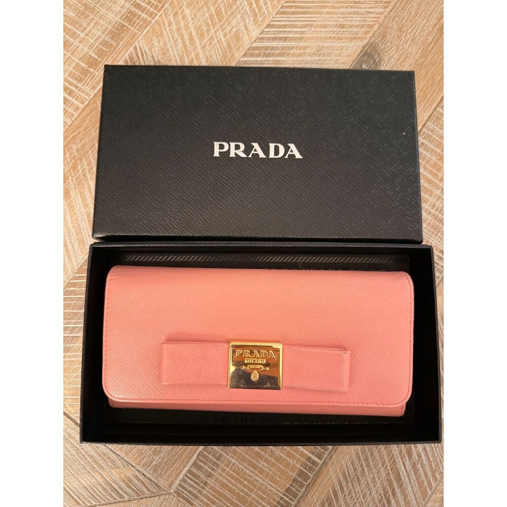 Prada Pink Saffiano Leather Bow Snap Wallet w/ Card Holder Authentic w/ Box